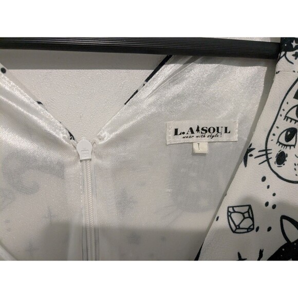 L.A Soul Cosmic Cats L Printed Fit-Flare Dress Sleeveless Pockets Black White - Picture 6 of 6